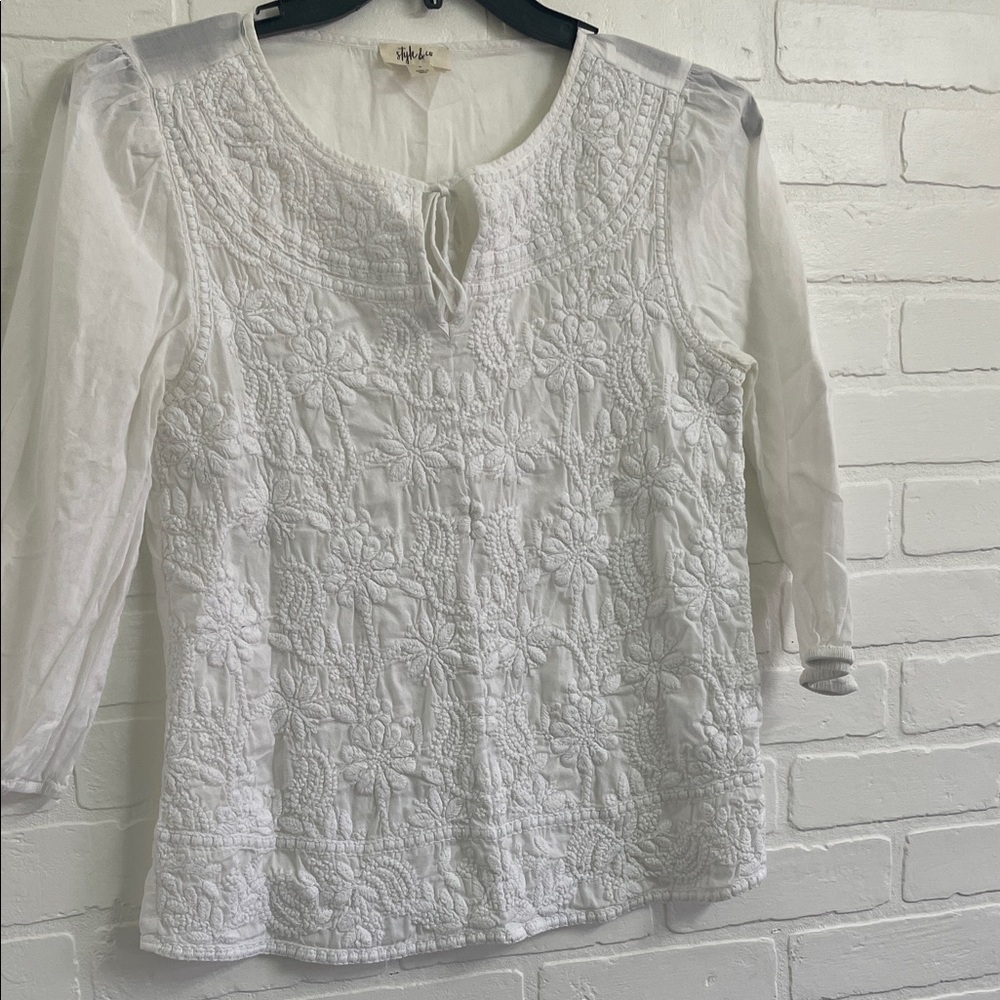 Style & Co. White Floral Embroidered Blouse